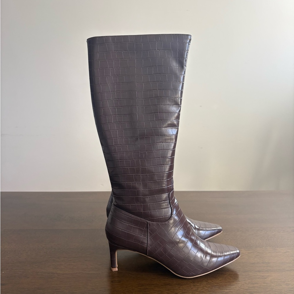 Wide Fit Croc Knee High Low Heel Boots